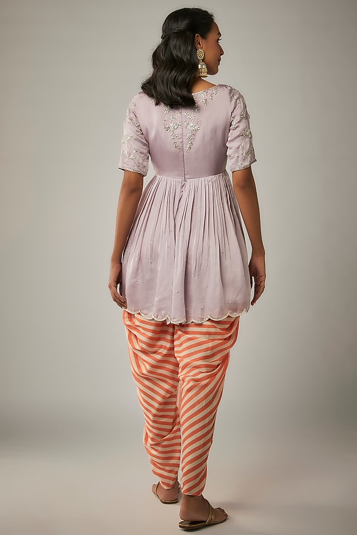 Lavender Satin Organza Floral Jaal Embroidered Peplum Kurta Set by Ease at Pernia's Pop Up Shop