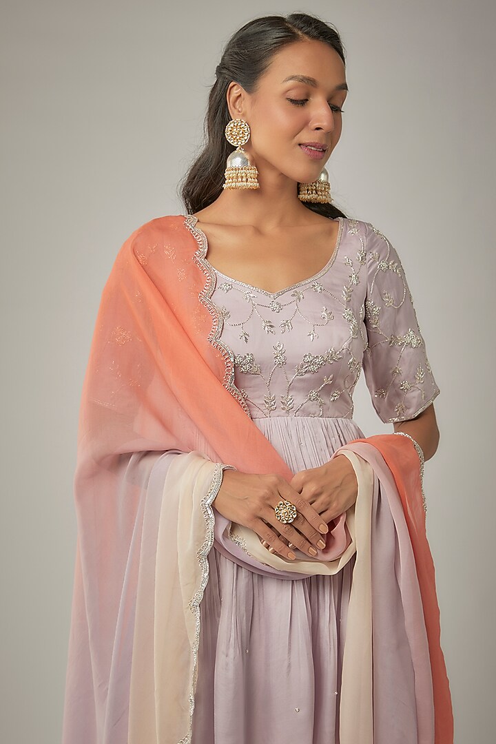 Lavender Satin Organza Floral Jaal Embroidered Peplum Kurta Set by Ease at Pernia's Pop Up Shop