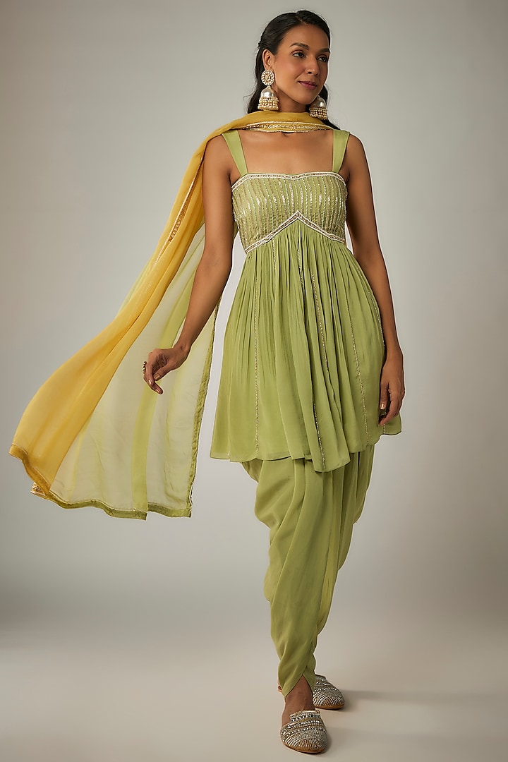 Light Pista Pure Crepe Dhoti Set by Ease