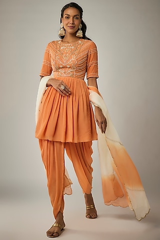 Orange Pure Crepe Dhoti Set by Ease