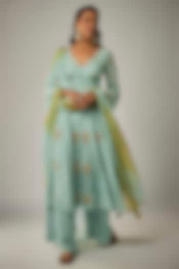 Light Blue Pure Crepe Boota Embroidered Angrakha Set by Ease