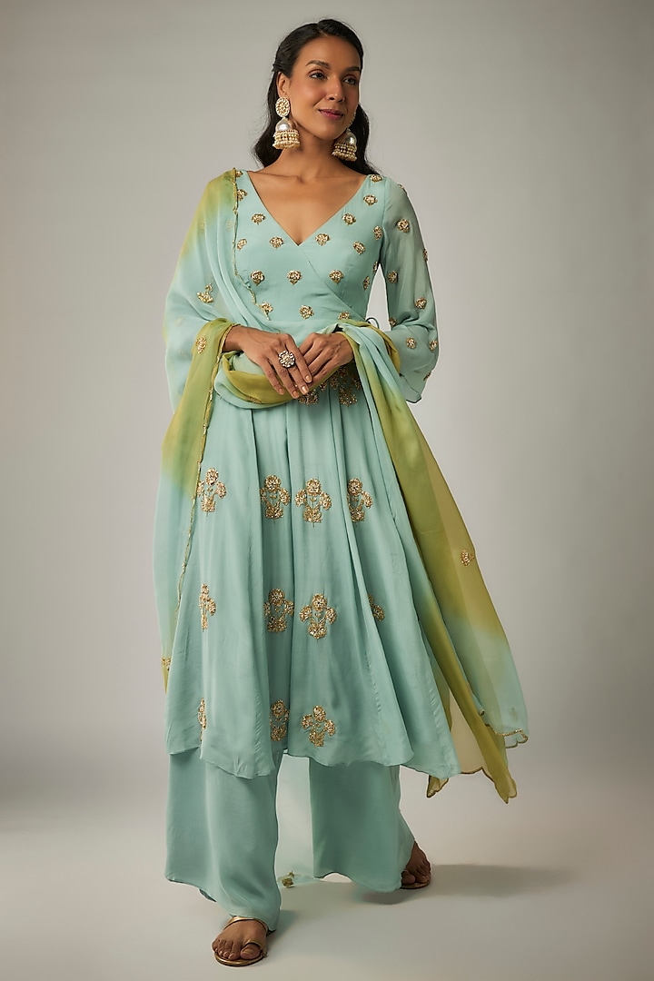 Light Blue Pure Crepe Boota Embroidered Angrakha Set by Ease