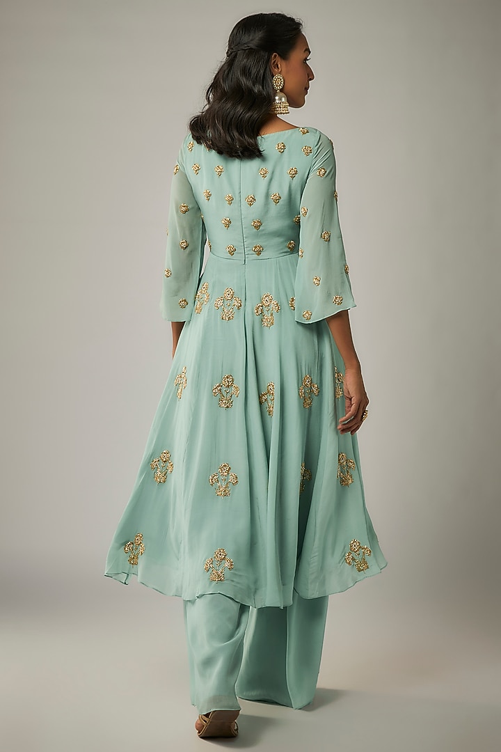 Light Blue Pure Crepe Boota Embroidered Angrakha Set by Ease at Pernia's Pop Up Shop