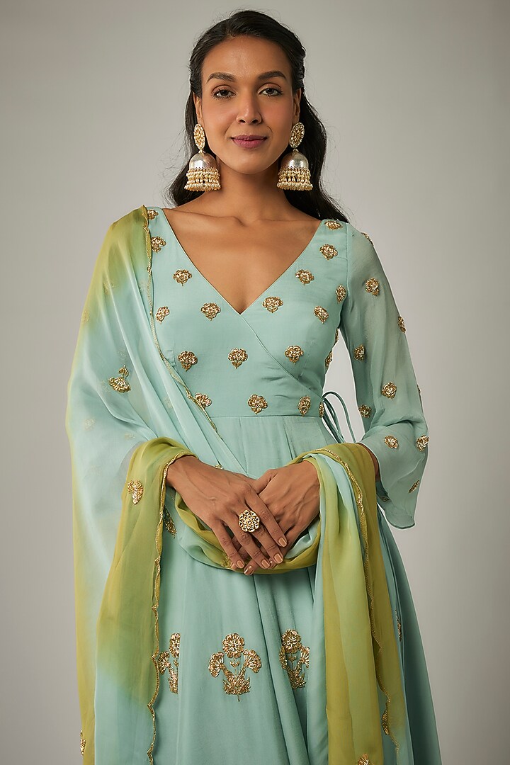 Light Blue Pure Crepe Boota Embroidered Angrakha Set by Ease at Pernia's Pop Up Shop