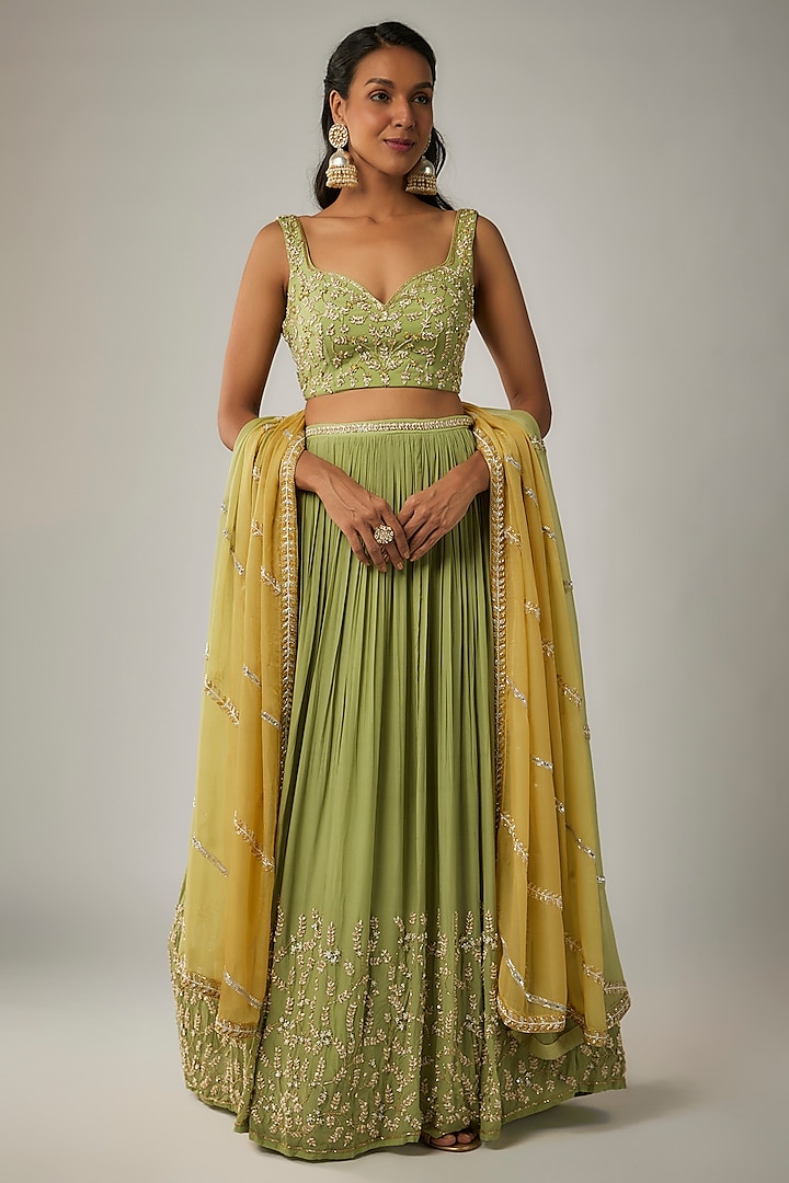 Lime Pure Crepe Jaal Embroidered Lehenga Set by Ease