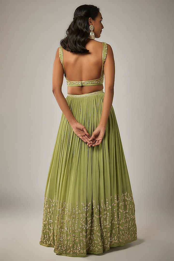 Lime Pure Crepe Jaal Embroidered Wedding Lehenga Set by Ease at Pernia's Pop Up Shop