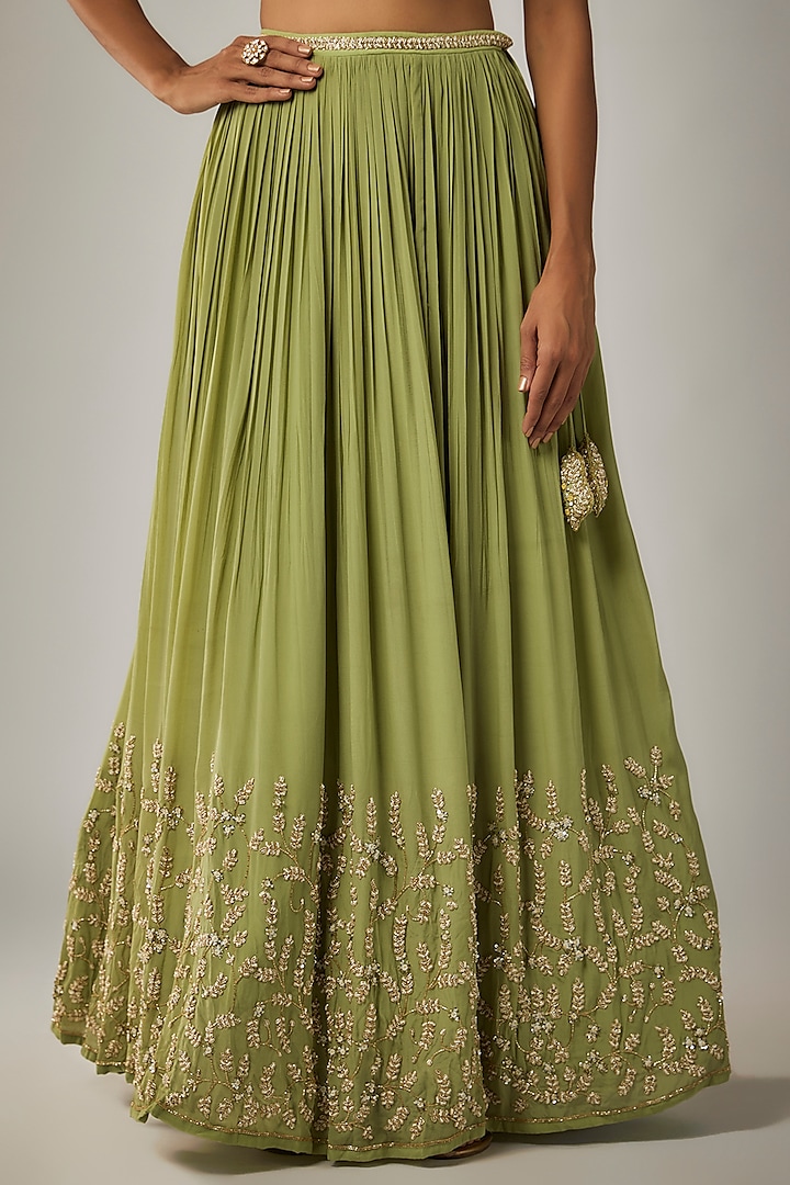 Lime Pure Crepe Jaal Embroidered Wedding Lehenga Set by Ease at Pernia's Pop Up Shop