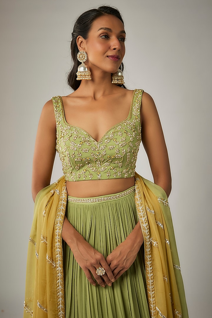 Lime Pure Crepe Jaal Embroidered Wedding Lehenga Set by Ease at Pernia's Pop Up Shop
