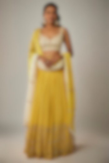 Yellow Pure Crepe Jaal Embroidered Wedding Lehenga Set by Ease at Pernia's Pop Up Shop