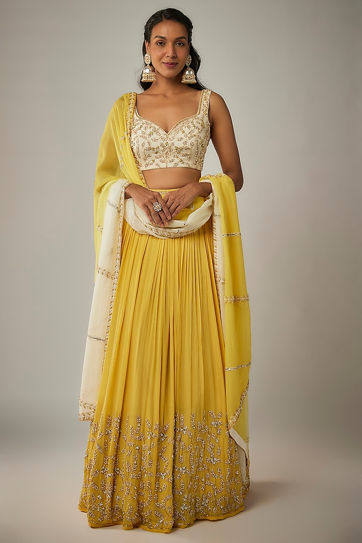 Yellow Pure Crepe Jaal Embroidered Wedding Lehenga Set by Ease at Pernia's Pop Up Shop