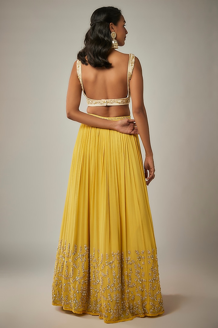 Yellow Pure Crepe Jaal Embroidered Wedding Lehenga Set by Ease at Pernia's Pop Up Shop