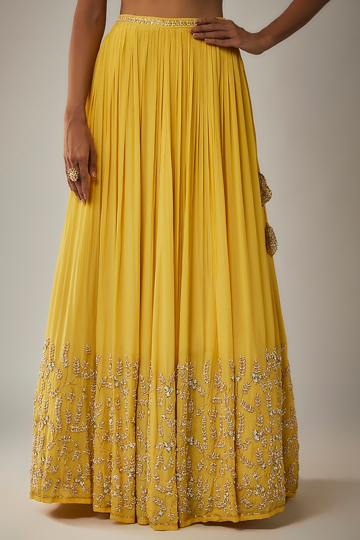 Yellow Pure Crepe Jaal Embroidered Wedding Lehenga Set by Ease at Pernia's Pop Up Shop