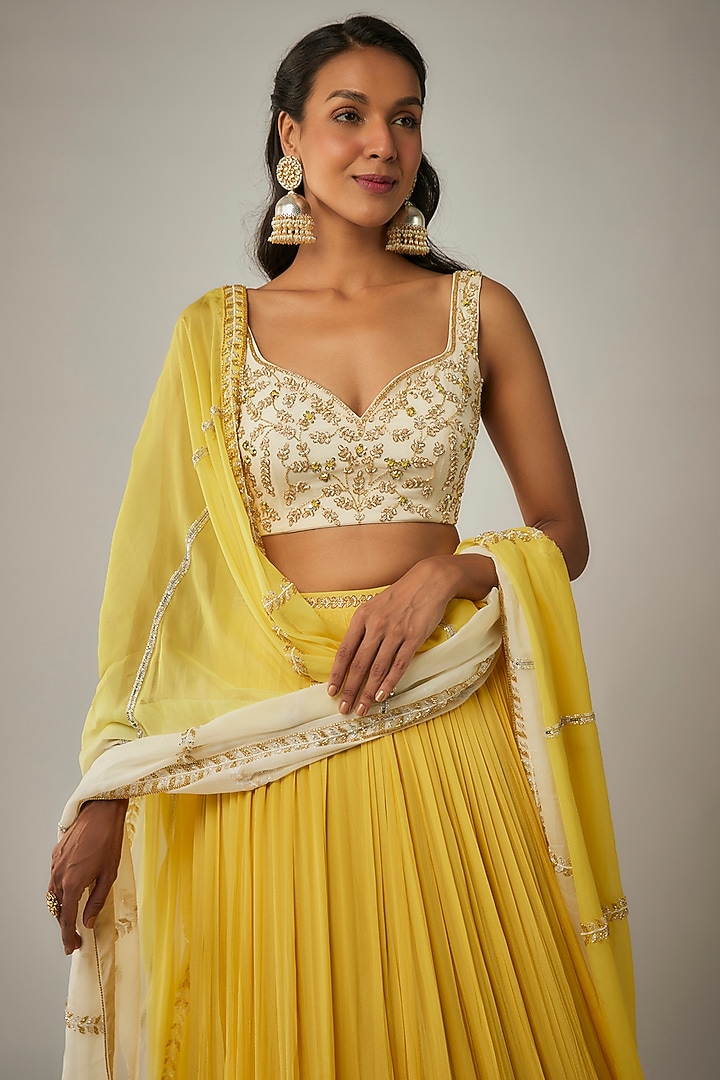 Yellow Pure Crepe Jaal Embroidered Wedding Lehenga Set by Ease at Pernia's Pop Up Shop