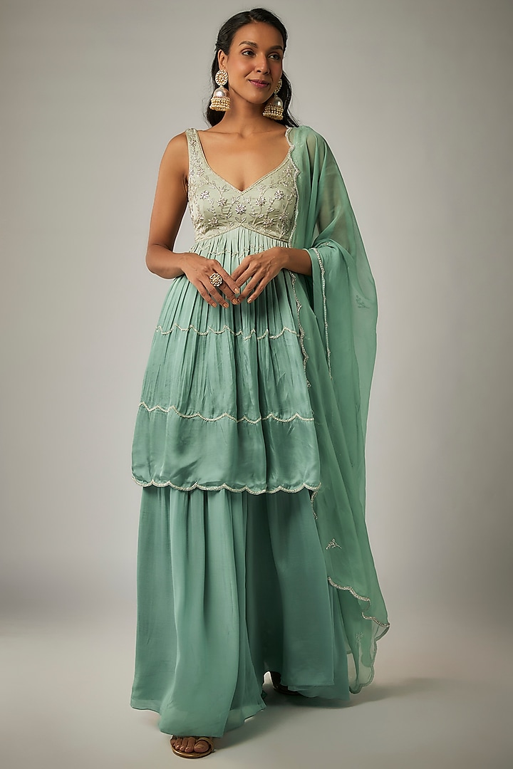 Turquoise Pure Crepe Sharara Set by Ease at Pernia's Pop Up Shop