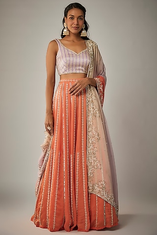 Orange Satin Organza Hand Embroidered Lehenga Set by Ease