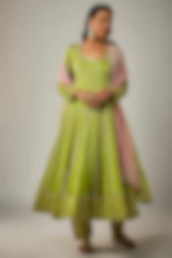 Parrot Green Satin Organza Jaal Embroidered Anarkali Set by Ease