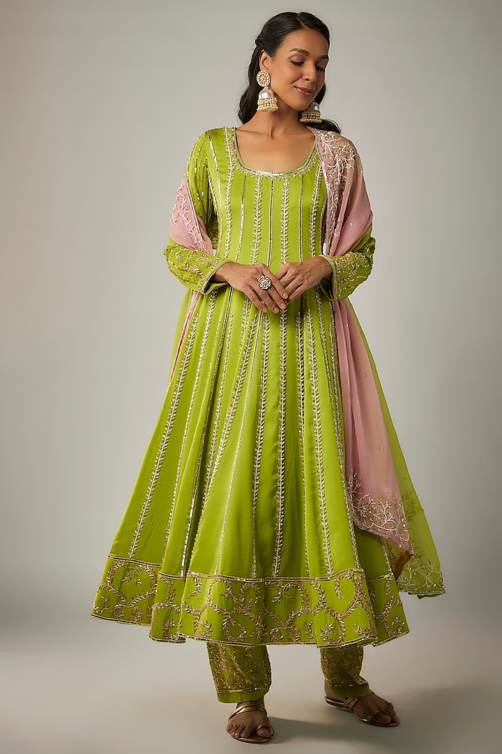Parrot Green Satin Organza Jaal Embroidered Anarkali Set by Ease
