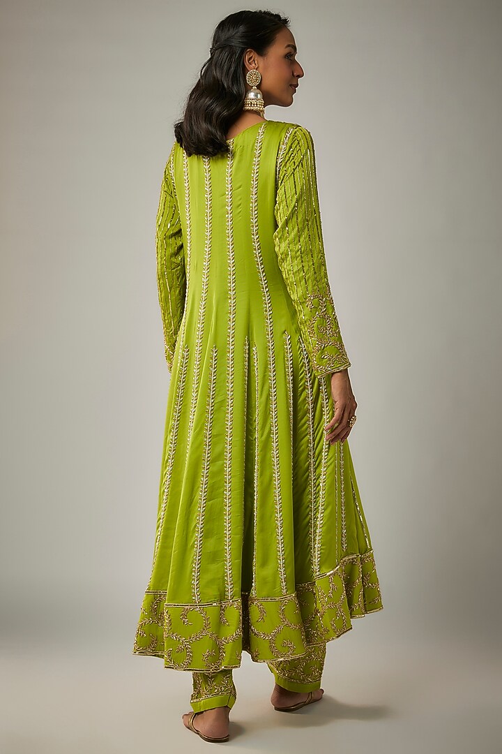 Parrot Green Satin Organza Jaal Embroidered Wedding Anarkali Set by Ease at Pernia's Pop Up Shop