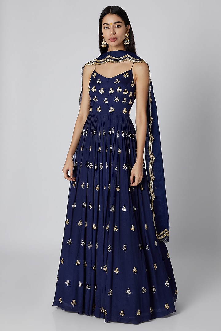 Blue Embroidered Anarkali With Dupatta by Ease