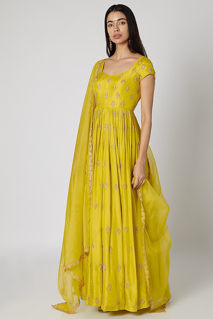 Lime Green Embroidered Anarkali WIth Dupatta by Ease