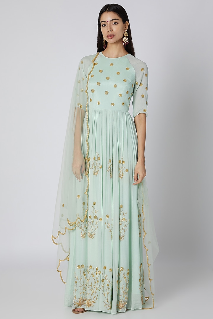 Mint Blue Embroidered Anarkali With Dupatta by Ease