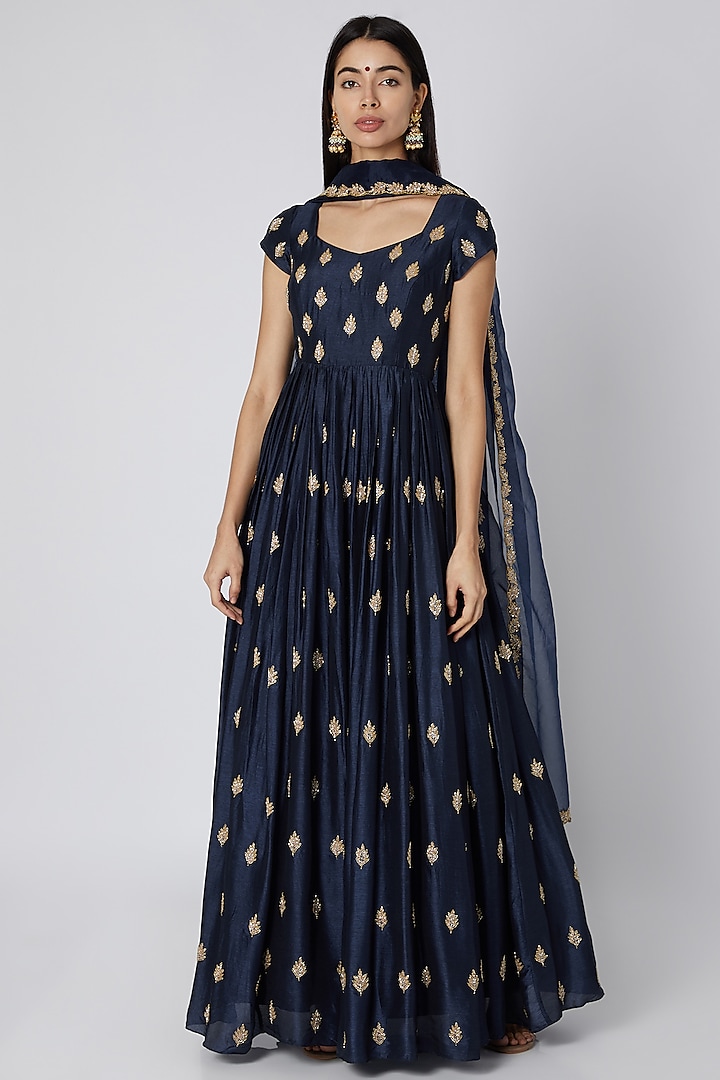 Blue Embellished Anarkali With Dupatta by Ease