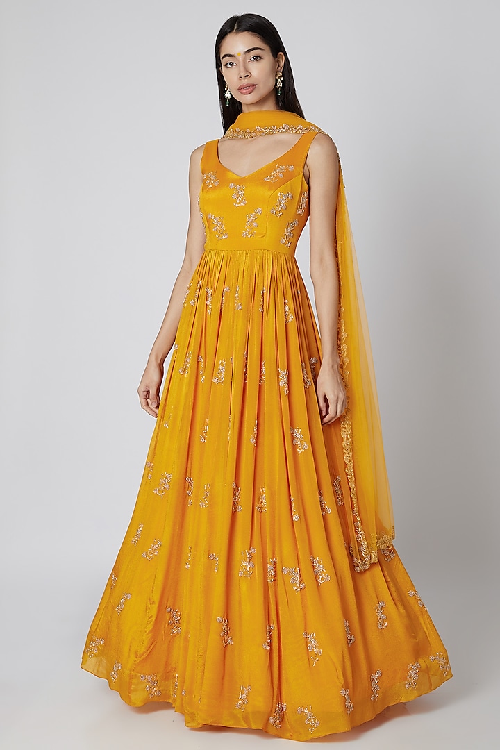 Mustard Yellow Embroidered Anarkali With Dupatta by Ease