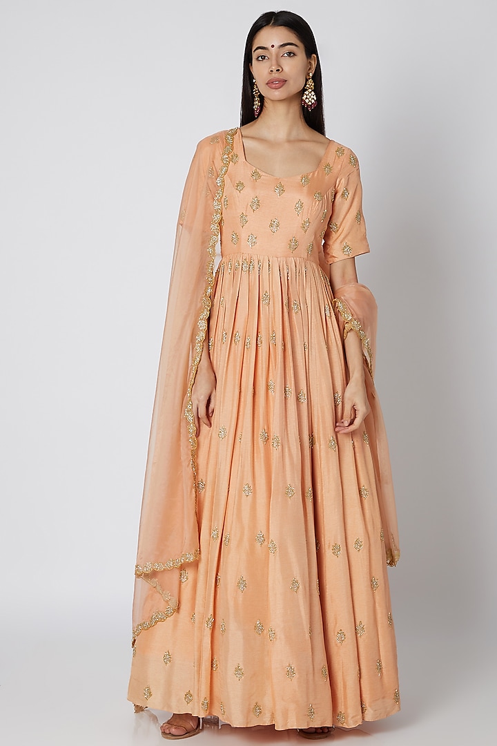 Salmon Pink Embellished Anarkali With Dupatta by Ease