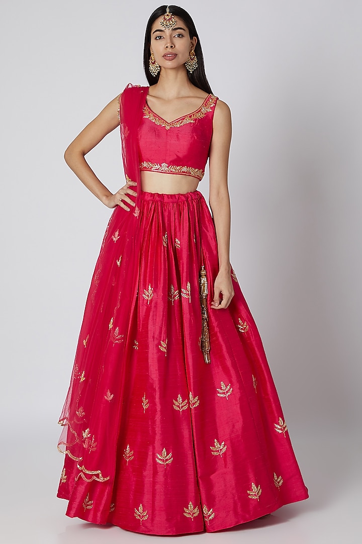 Fuchsia Pink Zardosi Embroidered Lehenga Set by Ease