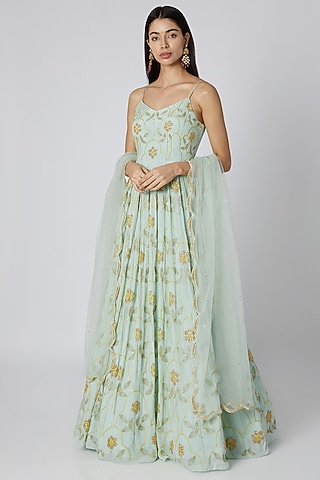 Mint Embellished Anarkali With Dupatta by Ease