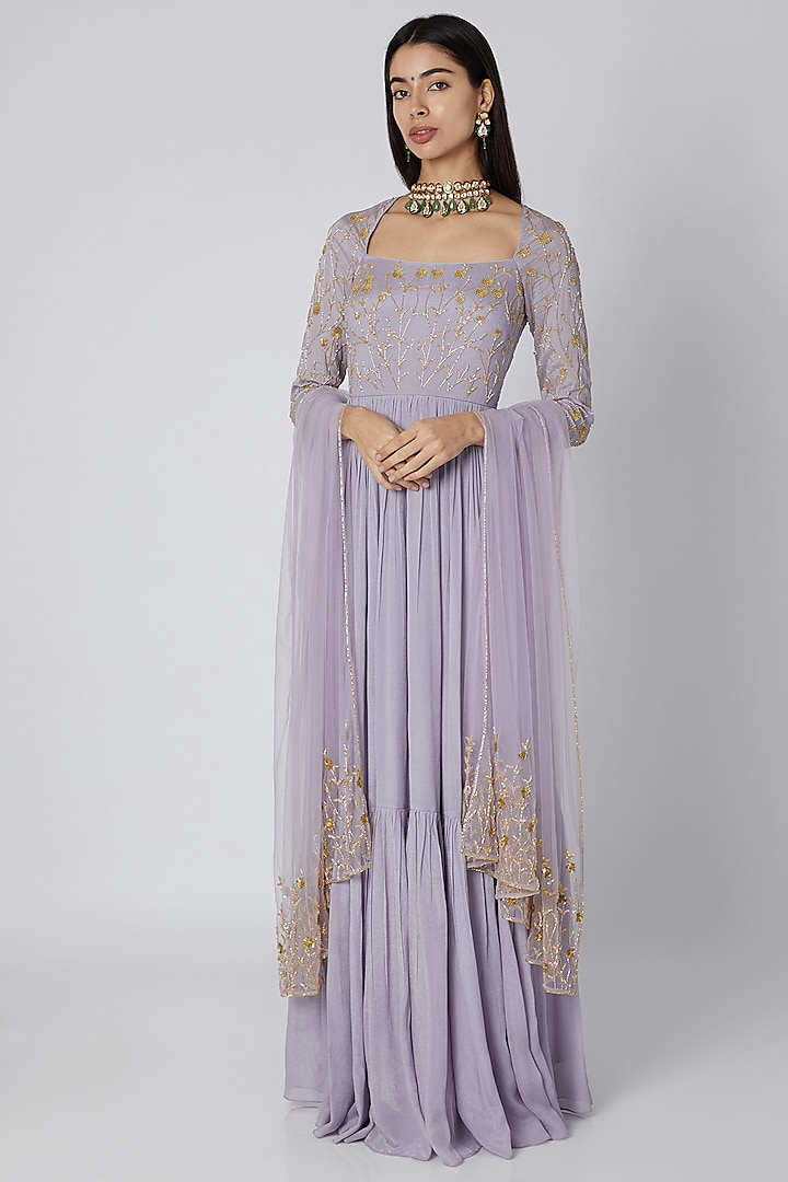 Lavender Embroidered Jaal Anarkali With Dupatta by Ease