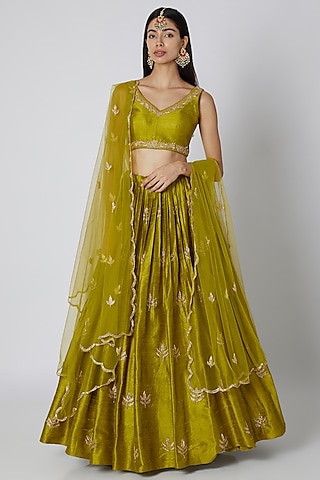 Olive Green Zardosi Embroidered Lehenga Set by Ease