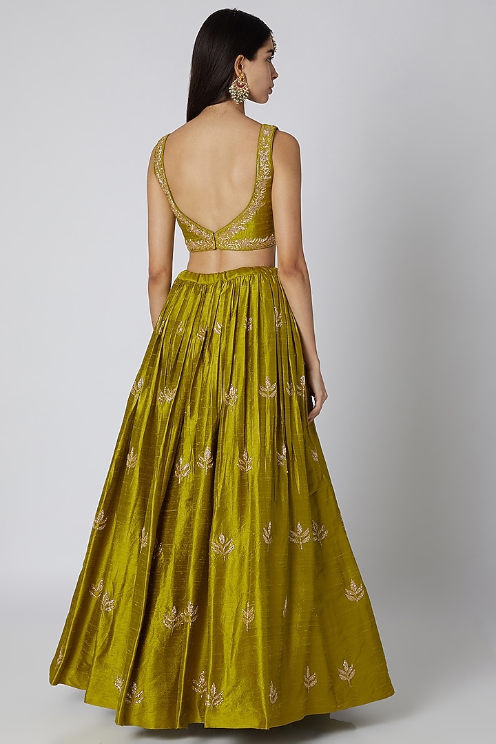 Olive Green Zardosi Embroidered Wedding Lehenga Set by Ease at Pernia's Pop Up Shop