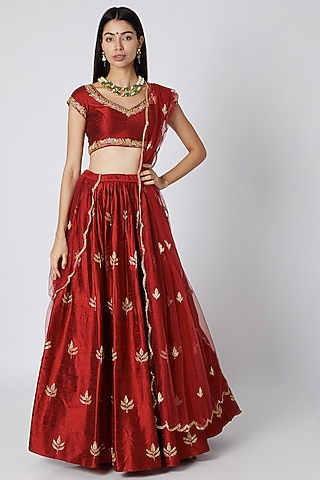 Red Zardosi Embroidered Lehenga Set by Ease