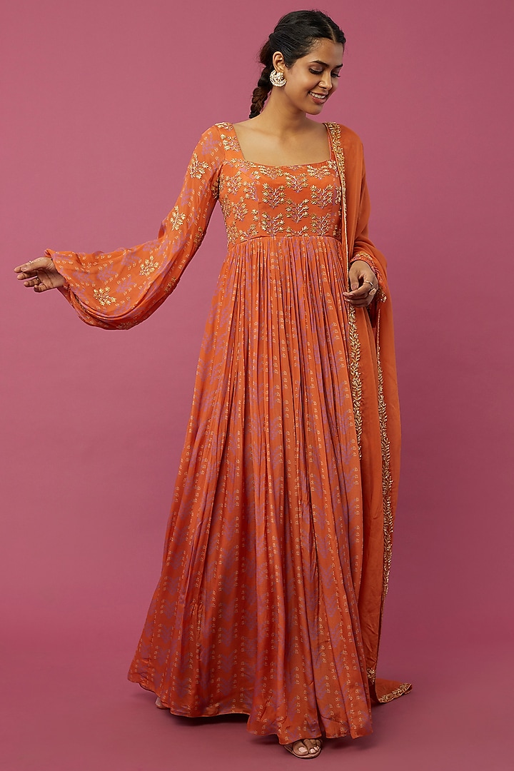 Rust Embroidered Anarkali Set by Ease