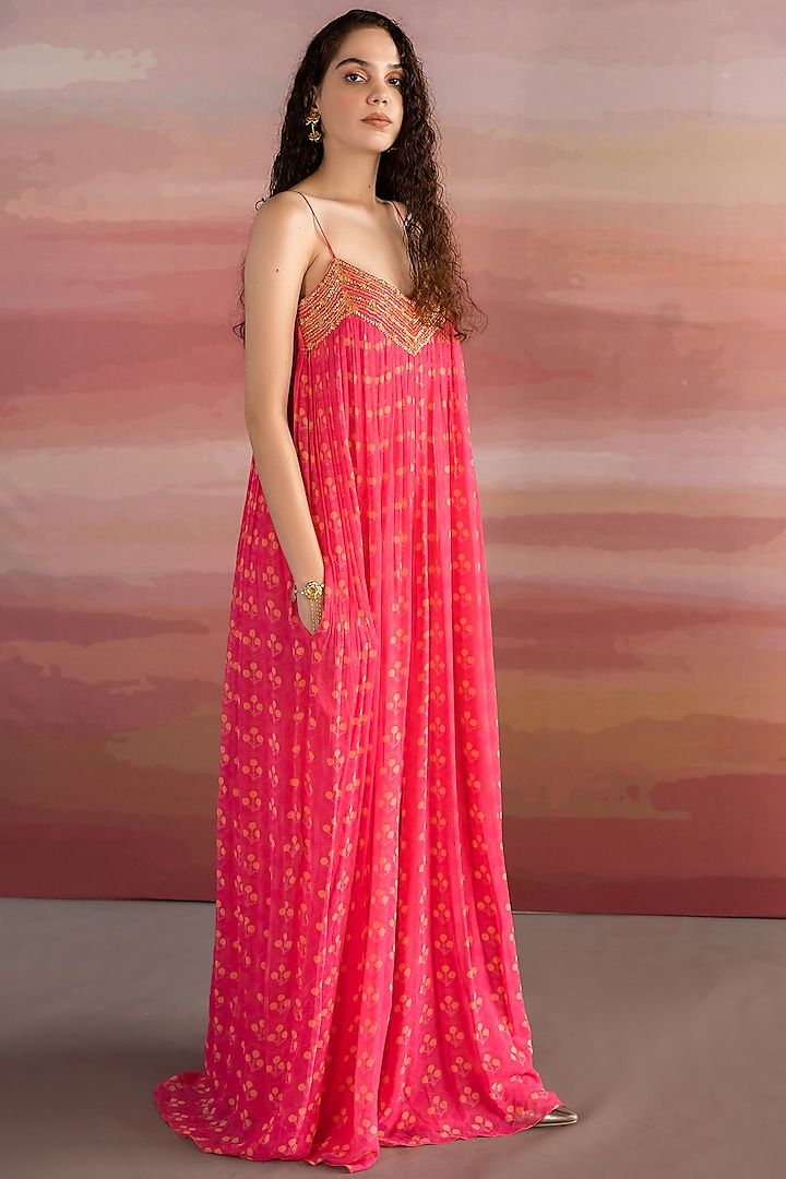 Pink Embroidered & Printed Jumpsuit by Ease