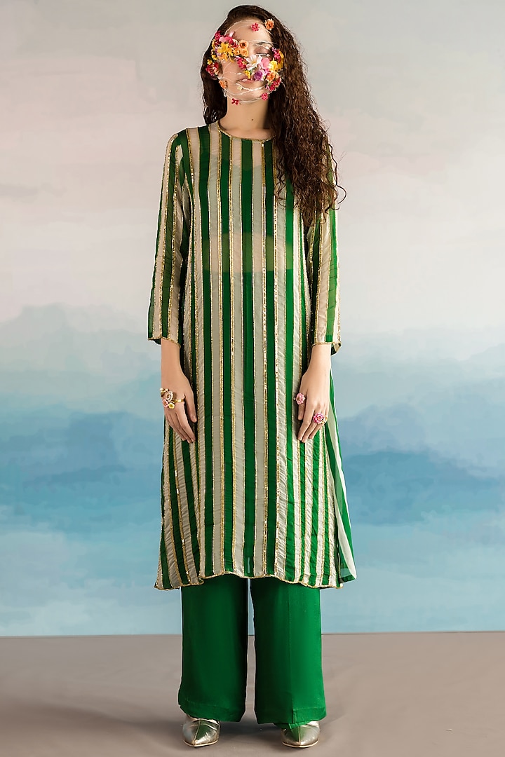 Green Printed & Embroidered Kurta Set by Ease