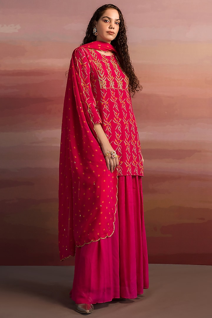 Fuchsia Crepe Sharara Set by Ease at Pernia's Pop Up Shop