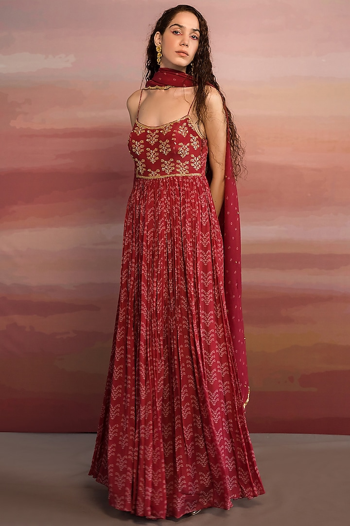 Maroon Printed & Embroidered Anarkali Set by Ease