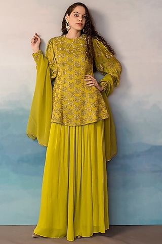 Lime Pure Crepe Sharara Set by Ease
