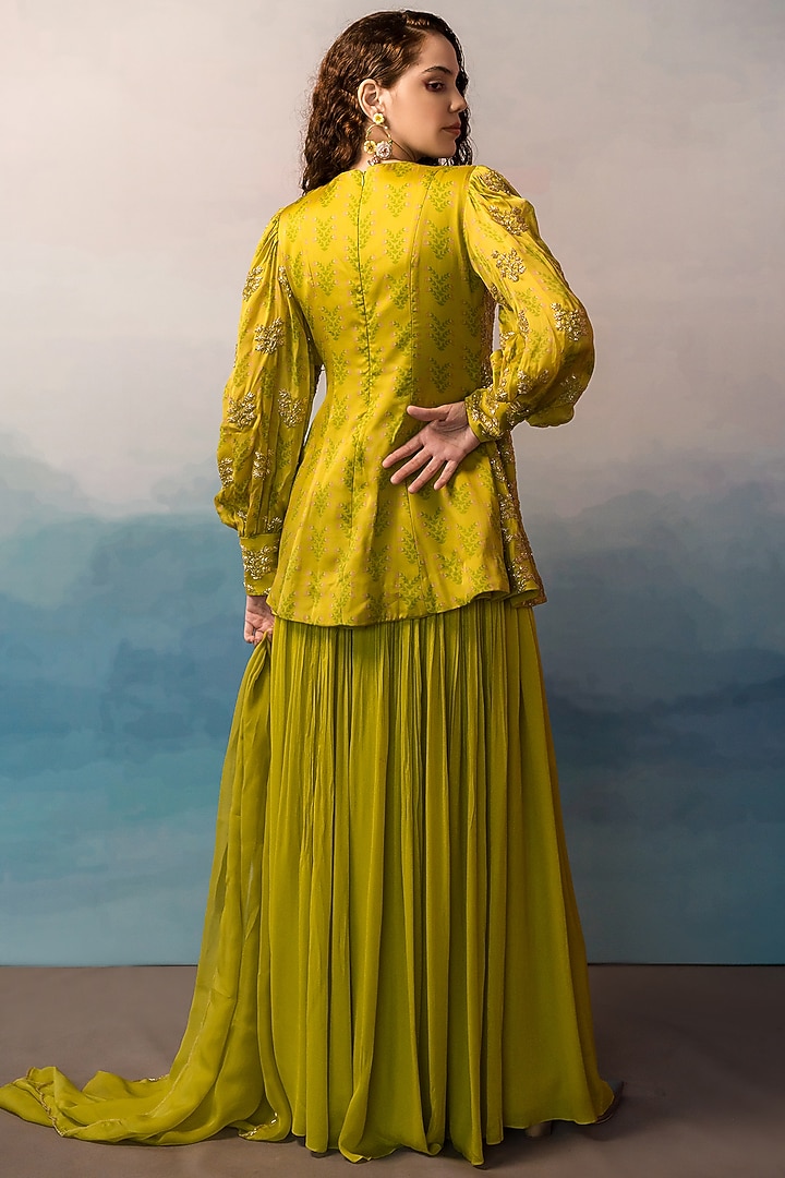 Lime Pure Crepe Wedding Sharara Set by Ease at Pernia's Pop Up Shop