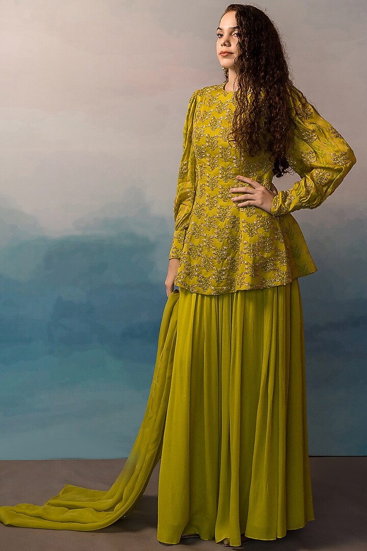 Lime Pure Crepe Wedding Sharara Set by Ease at Pernia's Pop Up Shop