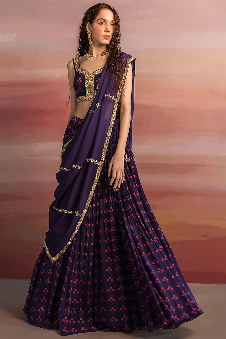 Purple Printed Wedding Lehenga Set by Ease at Pernia's Pop Up Shop