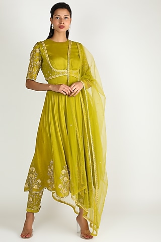 Olive Green Embroidered Anarkali Set by Ease