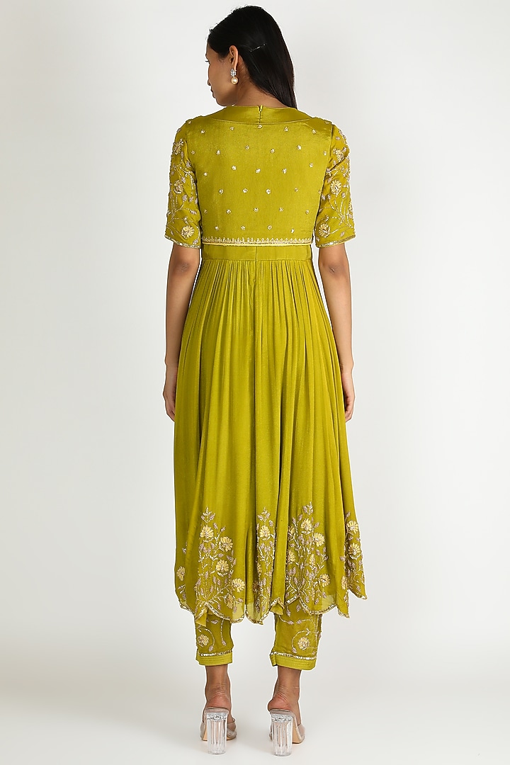 Olive Green Embroidered Wedding Anarkali Set by Ease at Pernia's Pop Up Shop