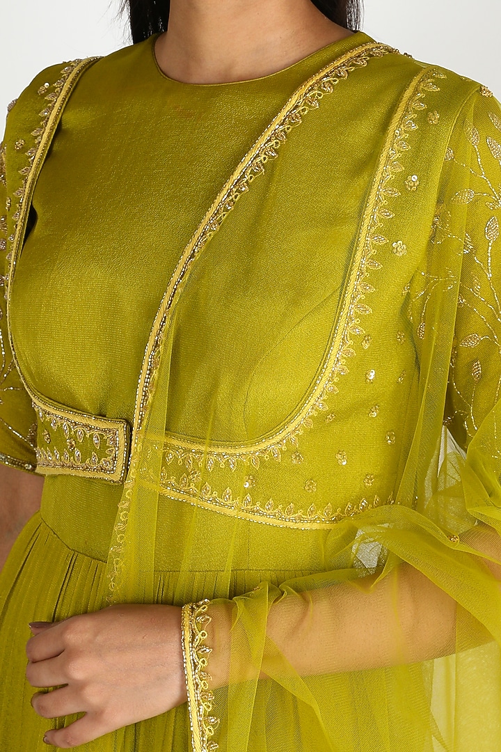 Olive Green Embroidered Wedding Anarkali Set by Ease at Pernia's Pop Up Shop