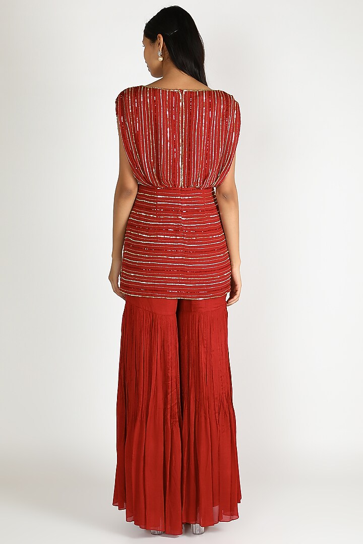 Red Crepe & Net Wedding Sharara Set by Ease at Pernia's Pop Up Shop