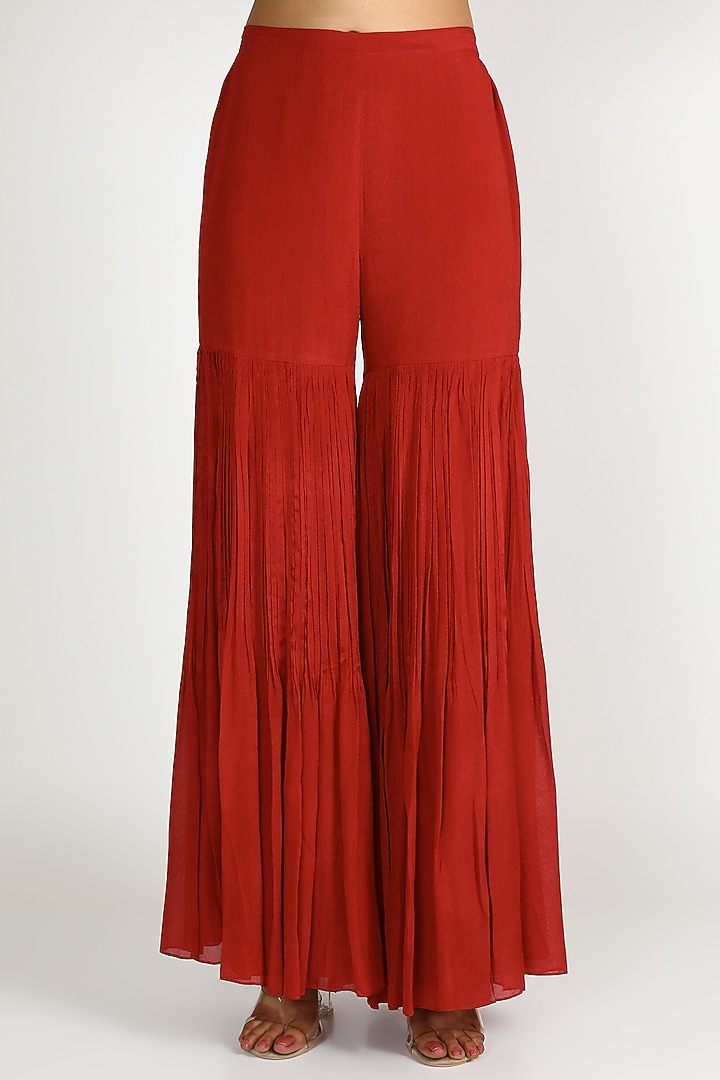 Red Crepe & Net Wedding Sharara Set by Ease at Pernia's Pop Up Shop