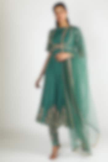 Turquoise Embroidered Anarkali Set by Ease