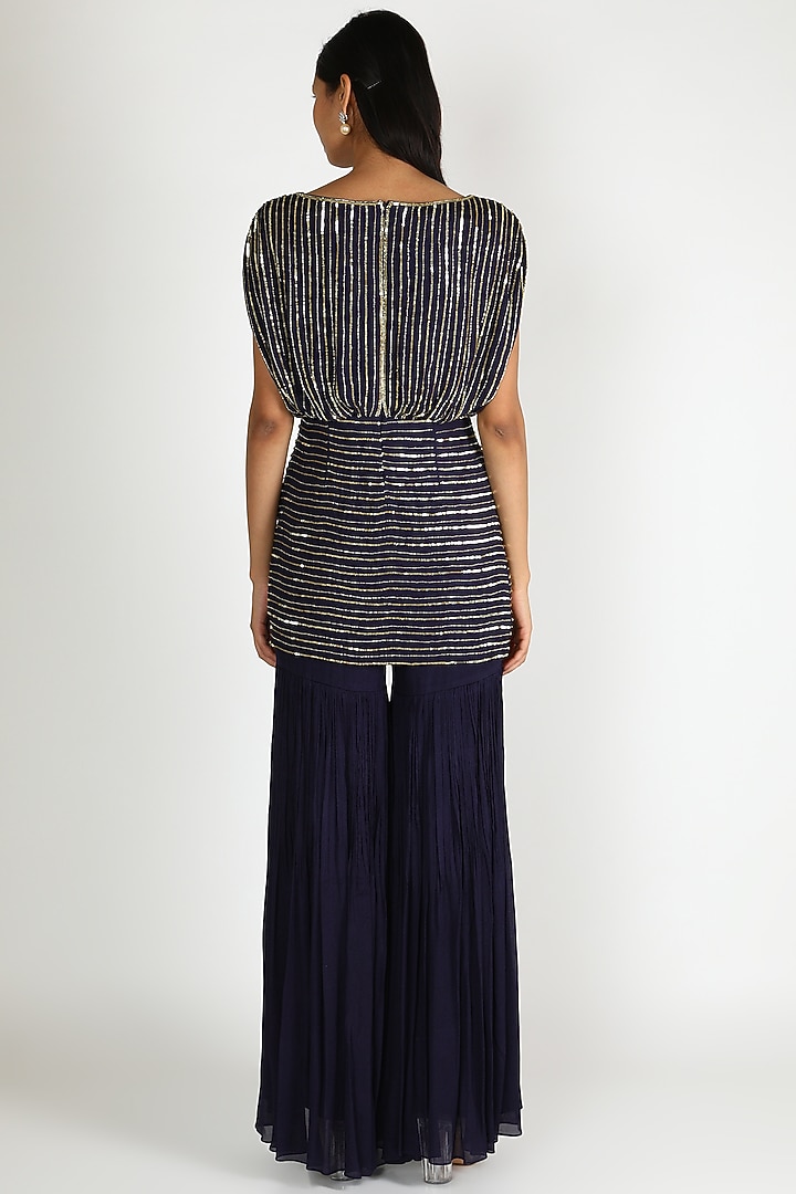 Navy Blue Embroidered Wedding Sharara Set by Ease at Pernia's Pop Up Shop
